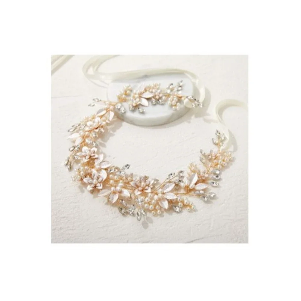 Handmade Rhinestone Wedding Flower Leaf  Pearl Bridal Headpieces Gold
